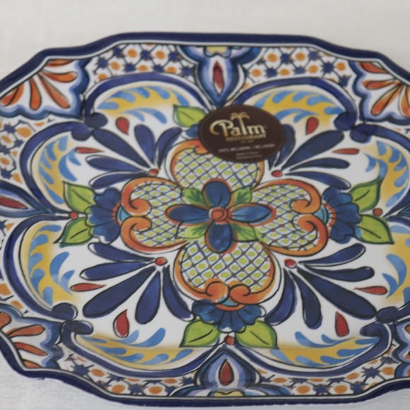 PALM RESTAURANT SPANISH MEDALLION MELAMINE SQUARE DINNER PLATES MULTI-COLOR- S/4 - Picture 1 of 5